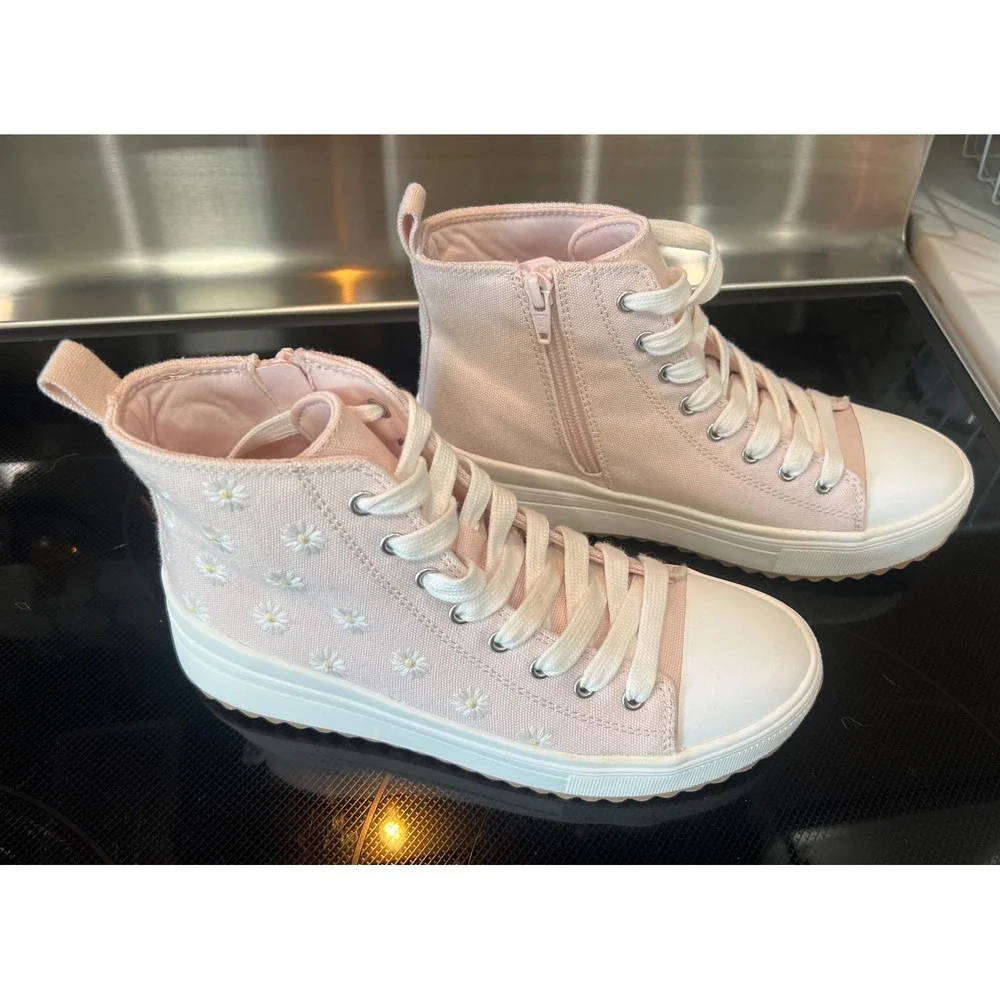 Art Class Girls Pink Daisy Embroidered High Top Platform Sneakers Size 5 Zipper